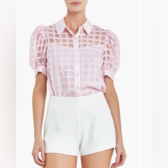 English Factory Organza  Pink Sheer Grid Pattern Women's Top with Puff Sleeves. - Picture 1 of 16